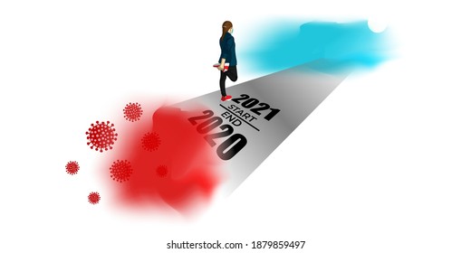 Vector illustration of 2021 start, end 2020 concept. Athlete runner stretching leg, left Covid-19 year behind and preparing for new year, 2021 is written on road.