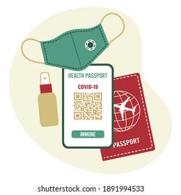 Vector illustration 2021 Travel Health Passport Mandatory Covid Test Medical mask disinfectant New normal after COVID-19 pandemic Test for coronavirus infection Immunity Passport Cell QR Design print