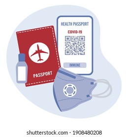 Vector illustration 2021 Travel Health Passport Mandatory Covid Test Medical mask disinfectant New normal after COVID-19 pandemic Test for coronavirus infection Immunity Passport Cell QR Design print