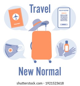 Vector illustration 2021 Travel Suitcase Health Passport Mandatory Covid Test Medical mask disinfectant gloves New normal after COVID-19 pandemic Cell Test for coronavirus infection Immunity Passport