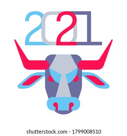 Vector illustration with 2021 year numbers and bull-annual animal zodiac sign, symbol of 2021 on the Chinese calendar. Logo. Isolated bull head on white background. Chinese horoscope. Design for print