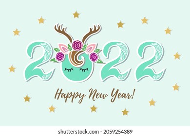 Vector Illustration 2022 with Deer Tiara and eyes as Happy New Year postcard, party invitation, postcard motive, Merry Christmas card.