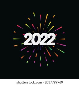 Vector Illustration 2022 HAPPY NEW YEAR - festive typographic composition and multicolored fireworks. Poster, banner, greeting card for print, template design for Merry Christmas, Year of the Tiger