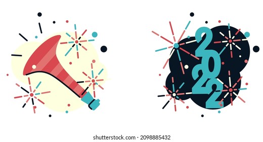 vector illustration of 2022 new year celebration trumpet and fireworks.flat design on white background