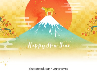 Vector illustration of 2022 New Year's card of Mt. Fuji, tiger and sunrise (watercolor)

translation: Mt. Fuji (Japanese mountain name)