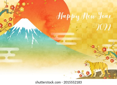 Vector illustration of 2022 New Year's card of Mt. Fuji, tiger and sunrise (watercolor)

translation: Mt. Fuji (Japanese mountain name)