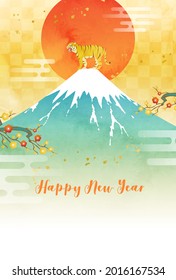 Vector illustration of 2022 New Year's card of Mt. Fuji, tiger and sunrise (watercolor)

translation: Mt. Fuji (Japanese mountain name)