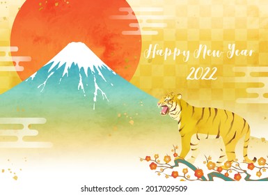 Vector illustration of 2022 New Year's card of Mt. Fuji, tiger and sunrise (watercolor)

translation: Mt. Fuji (Japanese mountain name)