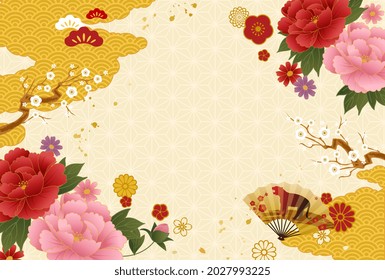 Vector illustration of 2022 New Year's card with Japanese pattern and flowers (background)