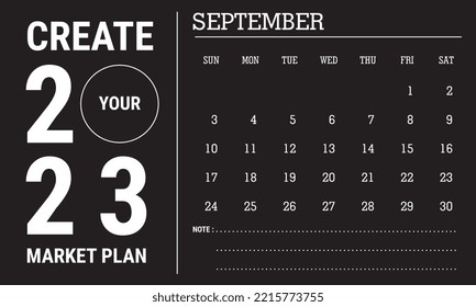 Vector illustration of 2023 calendar year. September 2023 calendar template. Black and white calendar design. Eps10 Vector 