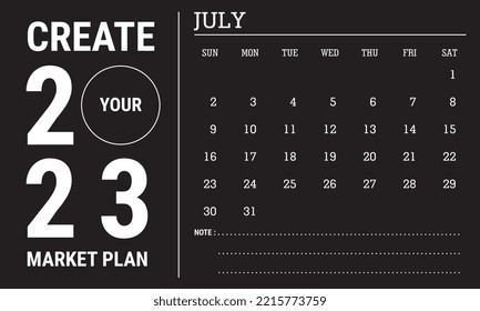 Ilustración vectorial del año civil 2023. Plantilla de calendario de julio de 2023. Diseño de calendario en blanco y negro. Vector Eps10 