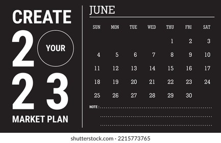 Vector illustration of 2023 calendar year. June 2023 calendar template. Black and white calendar design. Eps10 Vector 