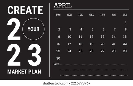 Ilustración vectorial del año civil 2023. Plantilla de calendario de abril de 2023. Diseño de calendario en blanco y negro. Vector Eps10 