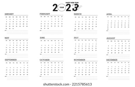 Vector illustration of 2023 calendar year. Black and white calendar design. Eps10 Vector 