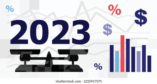 Vector Illustration Of 2023 Financial Report Header With Scales And Charts