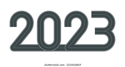 Vector illustration of 2023 shaped road with white markings isolated on white background. Empty asphalt road in top view. 2023 New Year and Christmas template.
 