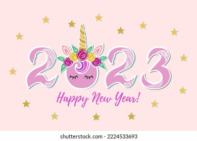 Ilustración vectorial 2023 con cabeza de unicornio como postal de Año Nuevo Feliz, invitación de fiesta, motivo de postal, tarjeta navideña Feliz.