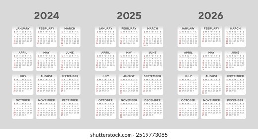 Vector illustration of 2024, 2025, 2026 calendar template. The week starts on Sunday. 