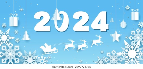 Vector illustration. 2024. Banner, happy new year 2024. NEW YEAR and CHRISTMAS HOLIDAYS. Santa Claus with reindeer. Postcard, gifts, toys on laminated paper on a blue background. Cut out of paper