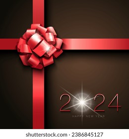 Vector illustration, 2024. Happy New Year 2024. Dark brown background design with festive red ribbon, elegant numbers isolated on red numbers. Merry Christmas. Elements for calendar and greeting card