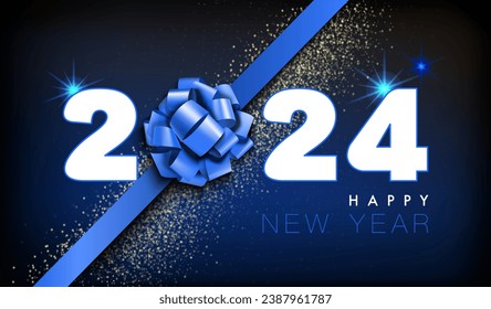 Vector illustration, 2024. Happy New Year 2024. Dark brown background design with festive blue ribbon, elegant numbers isolated on red numbers. Merry Christmas. Elements for calendar and greeting card