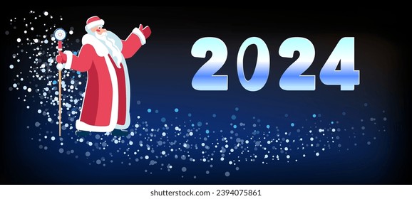 Vector illustration. 2024. Happy New Year 2024. Santa Claus points with his hand to the greeting New Year's numbers 2024.Merry Christmas, banner, people.Elements for calendar and greeting cards, gifts