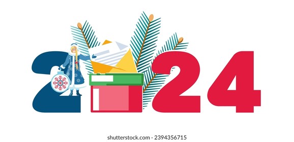 Vektorgrafik. 2024. Frohes neues Jahr. Schnee Maiden mit einem Spielzeug, eine Schachtel mit einem Feiertagsbrief mit Geschenken, Weihnachtsbaumzweige. Fröhliche Weihnachten, Banner, Leute, Mädchen. Elemente für den Kalender