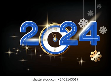 Vector illustration. 2024. Happy New Year 2024, blue numbers. A gold-blue clock, counting ten minutes. Merry Christmas black background. Design for a 