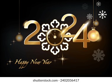 Vector illustration. 2024. Happy New Year 2024, golden numbers. Glowing magical gold snowflake clock counting down ten minutes. Black background Chris
