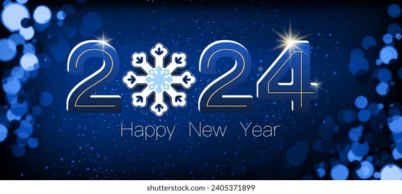 Vector illustration. 2024. Happy New Year 2024, blue numbers, white snowflake. Blue background, Christmas night. Design for a calendar. Poster, design