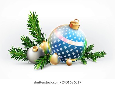 Vector illustration. 2024. Merry Christmas and Happy New Year. Background with festive decorative gold and blue balls with stars, Christmas tree branc