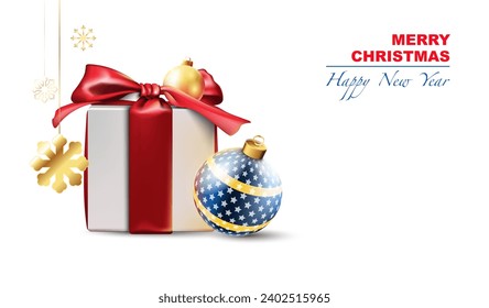Vector illustration. 2024. Merry Christmas and Happy New Year. Background with festive white gift box with red ribbon, gold balls. Hanging golden snow
