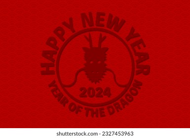 Vector illustration of 2024 New Year's card. Year of the Dragon. Red dragon face icon. Japanese traditional pattern background. East Asian design.