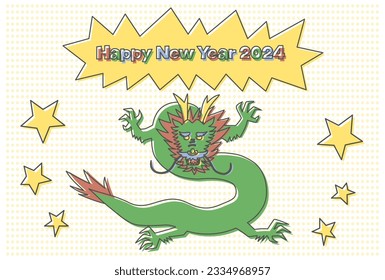 Vector illustration of 2024 New Year's card. A dragon facing the front on a polka dot background. Cute and pop design.