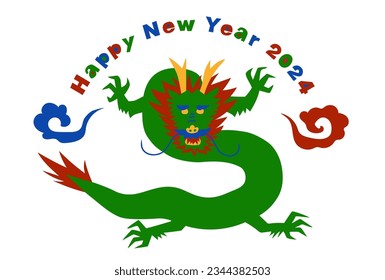 Vector illustration of 2024 New Year's card. A colorful front-facing dragon. White background.