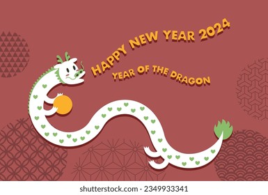 Vector illustration of 2024 New Year's card. Heart pattern cute dragon on Japanese traditional pattern background. Curvilinear letter design.