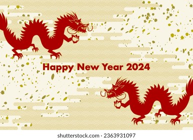 Vector illustration of 2024 New Year's card. Two red dragons and Japanese traditional pattern background. Year of the dragon.