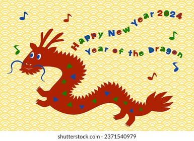 Vector illustration of 2024 New Year's card. Pop and cute red dragon. Musical note and curvilinear letter design. Japanese traditional pattern background.