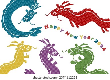 Vector illustration of 2024 New Year's card. Cute dragons with Japanese traditional pattern. Colorful design on white background.