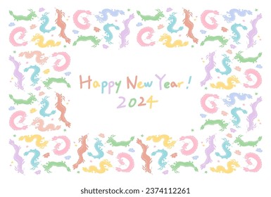 Vector illustration of 2024 New Year's card. Cute dragon pattern design. Pastel colored pattern on white background.