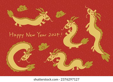 Vector illustration of 2024 New Year's card. Cute dragons and traditional Japanese patterns. Red and gold design.