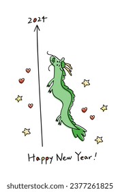 Vector illustration of 2024 New Year's card. A dragon climbing towards 2024. The year 2024 is written at the end of the arrow. Simple and cute design.