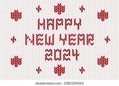 Vector illustration of 2024 New Year's card.  New Year's greetings with knitted tracery. Woolen yarn pattern design. Red letters and pattern on white background.