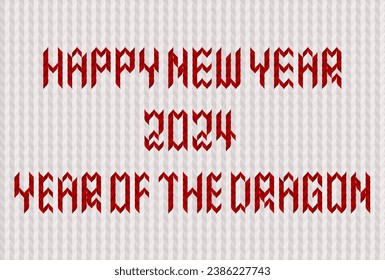 Vector illustration of 2024 New Year's card.  New Year's greetings with knitted tracery. Woolen yarn pattern design. Red letters and pattern on white background.