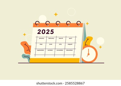 Vector illustration of 2025 calendar with a clock icon. Desk yearly calendar with divider grid and place for notes. Concepts of planning, productivity and organization in business and personal use