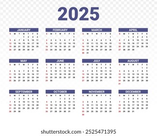 Vector illustration of 2025 Calendar template with transparent background