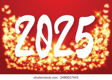 Vector illustration 2025 cover template golden dots glowing round frame rays glitter confetti sparkle wave rain falling Numbers Horizontal red background  Holiday gold spotlights Bright flashes Xmas