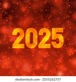 Vector illustration of 2025 in glowing golden numerals over a red background with bokeh and snowflake patterns.