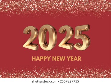 Vector illustration 2025 greeting graphic design card with red background and golden glitter and 3D golden numbers and golden happy New year text_ Eps 10 Illistrator.