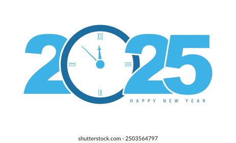 Vector illustration. 2025. Happy New Year 2025 New Year. The blue clock shows twelve o'clock at night. Blue numbers design for calendar, greeting cards. White background, holiday.Banner, poster, cover